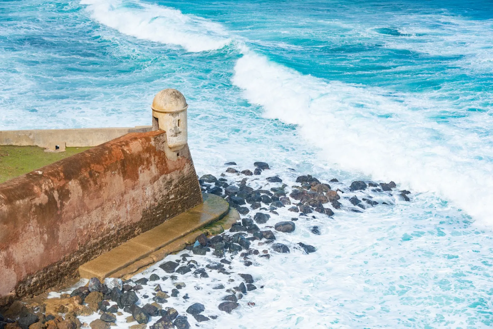Aerial view of the historic fortress wall by the sea in San Juan, Puerto Rico.